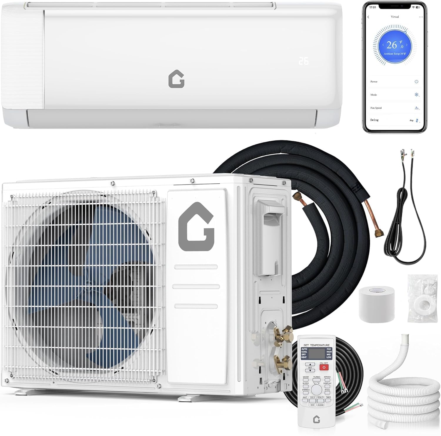 9,000 BTU Mini Split AC/Heating System, 20 SEER2 Inverter Ductless Heat Pump, WiFi Wall Mount Split System Air Conditioner, Up t