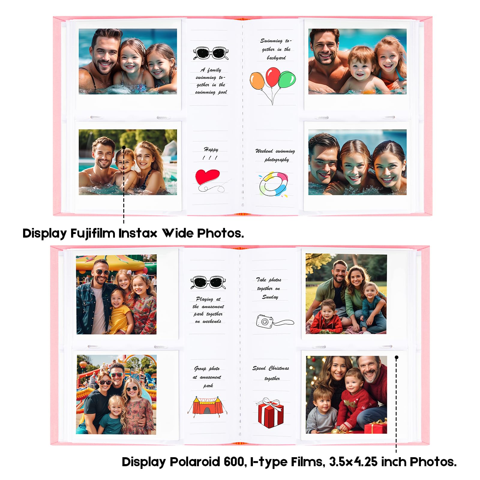 Photo Album For Fujifilm Instax Wide 300 Camera,120 Pockets Photo Album With Writing Space For Polaroid, Extra Large Picture Albums For Polaroid Now Onestep2 Onestep+ Instant Camera (Pink)