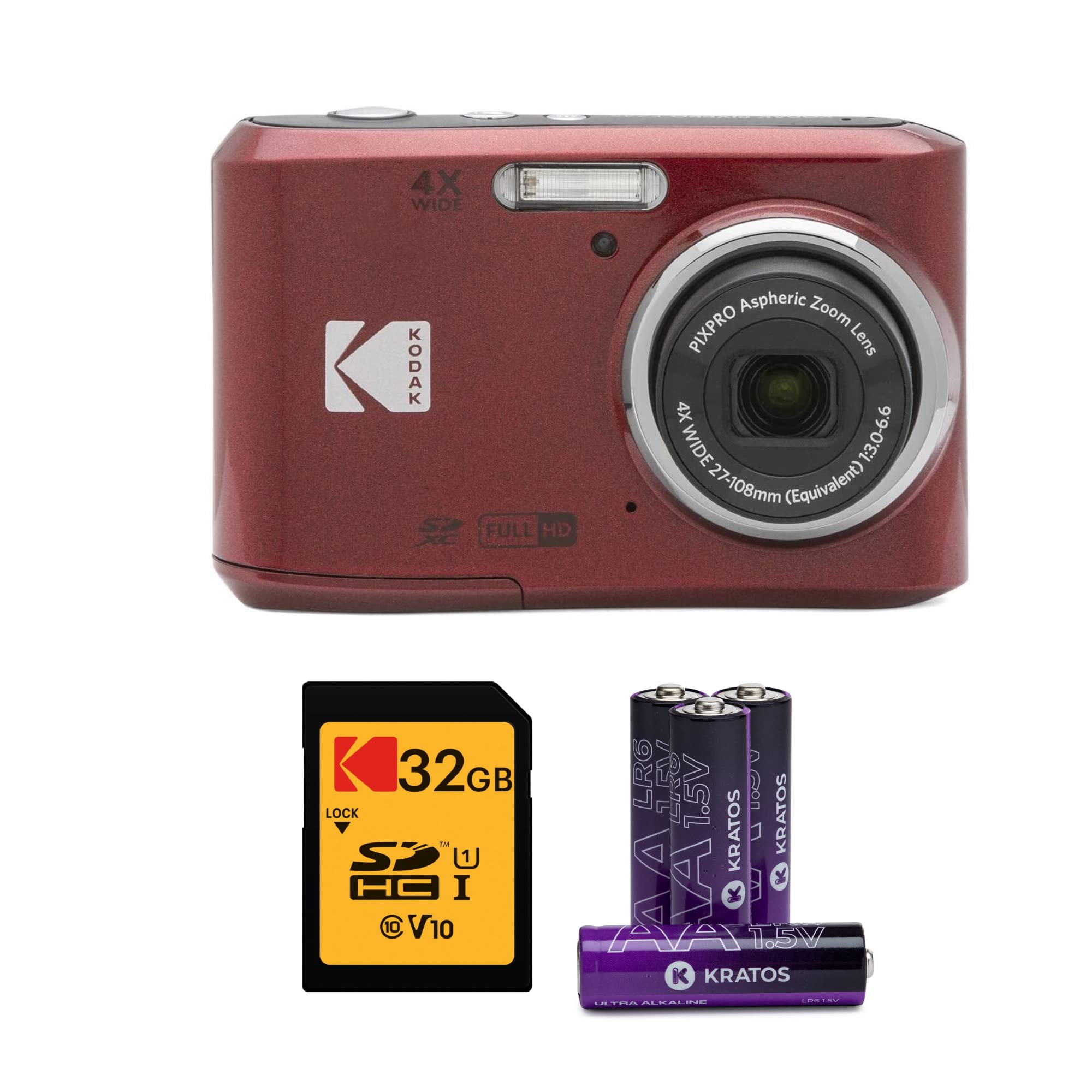 Kodak PIXPRO FZ45 Digital Camera (Red) Bundle with 32GB Class 10 UHS-I U1 SDHC Memory Card and AA High-Performance Alkaline Batt