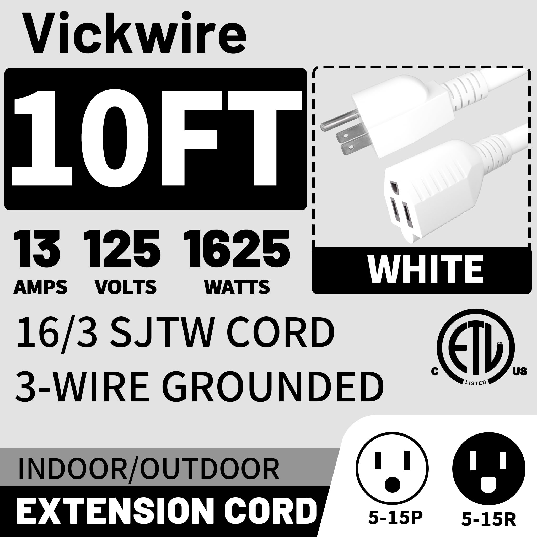 16/3 White Indoor Outdoor Extension Cord 10 Ft 2 Pack Waterproof, Heavy Duty Extension Cord With 3 Prong Grounded Plug,13A 1625W
