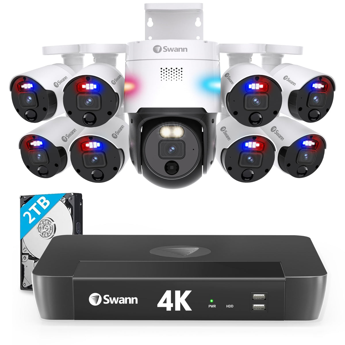 Swann 4K Uhd Home Security Camera System, 16Ch Nvr With 2Tb Hdd, 8 Indoor Outdoor Bullet & Pt Ip Cameras, Poe Wired, Video Analy