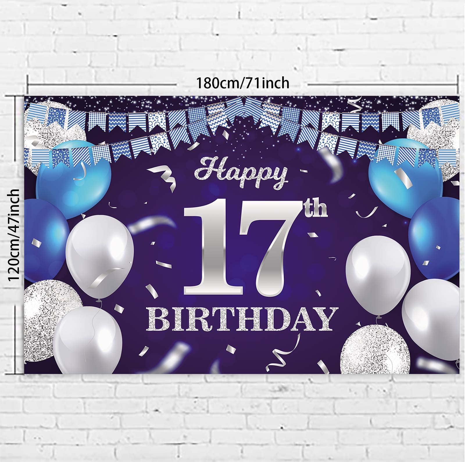 Happy 17Th Birthday Banner Backdrop Navy Blue Balloons Confetti Stripe Flag Light Spots Cheers To 17 Years Old Theme Decorations