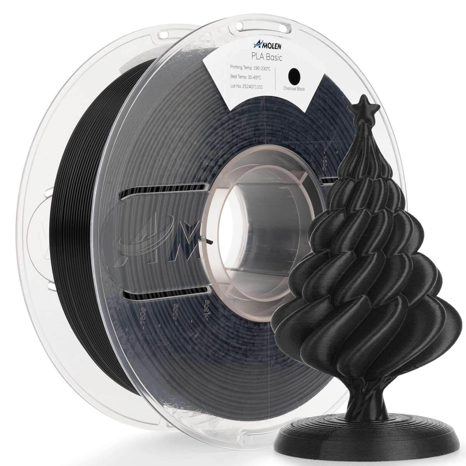 AMOLEN 3D Printer Filament PLA, True High Speed 600mm/s 1.75mm PLA Filament Charcoal Black PLA, 1KG/2.2lb, Dimensional Accuracy 