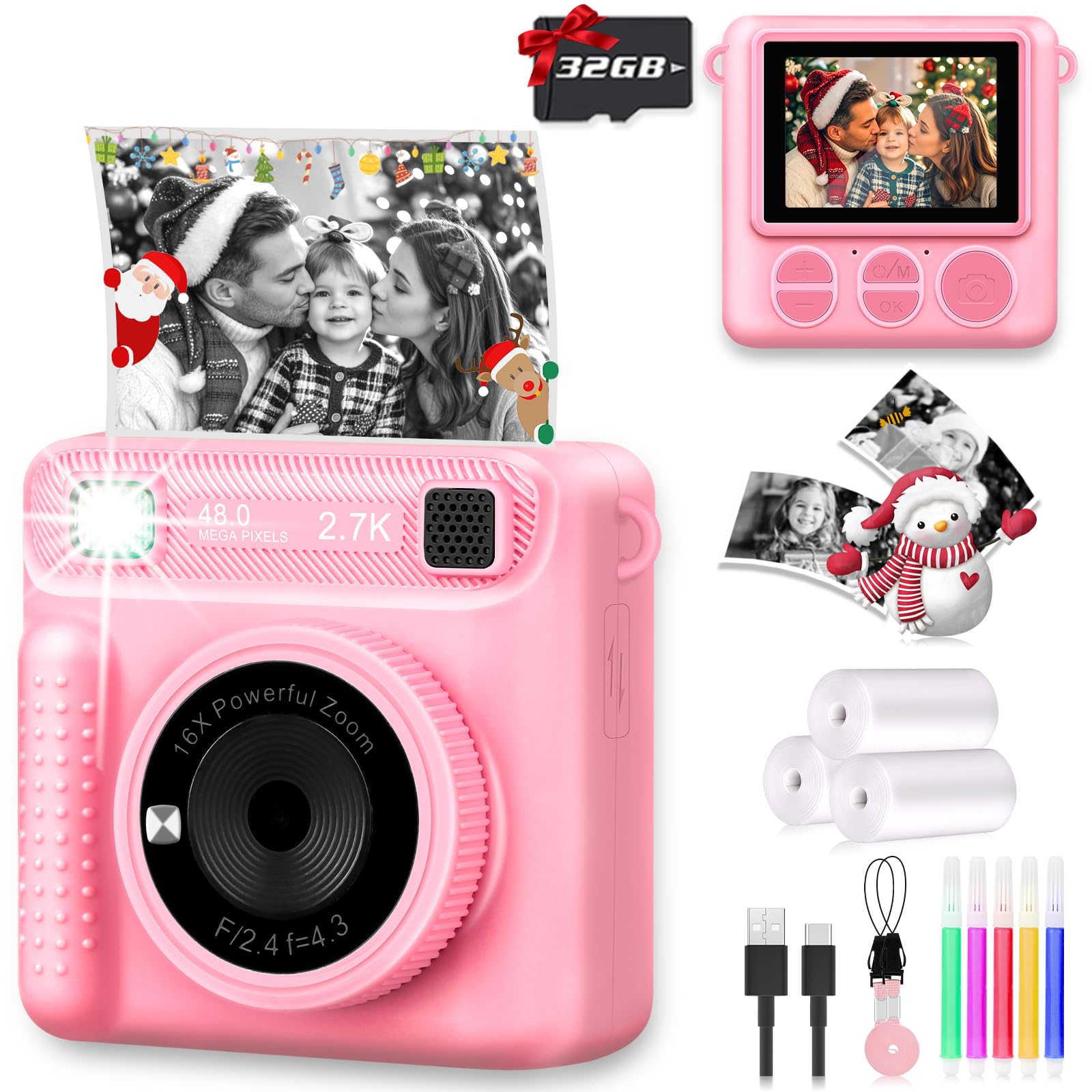Camera For Kids Instant Print,Portable Camera With 32G Card & 1080P Video,Print Paper,Instant Print Camera With Color Pens For D