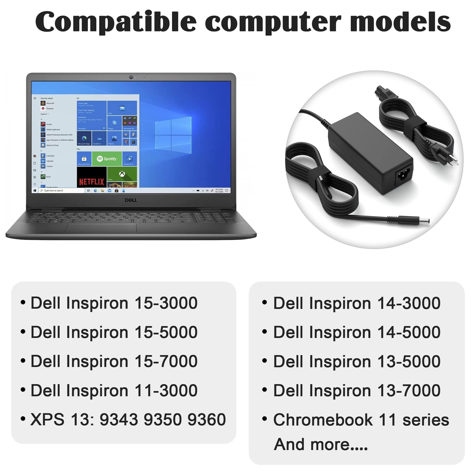 65W Dell Inspiron Charger,Replacement For All Round Connectors Dell Laptop Charger 65W/45W 15 3000 15 5000 15 7000 15 3552 Serie