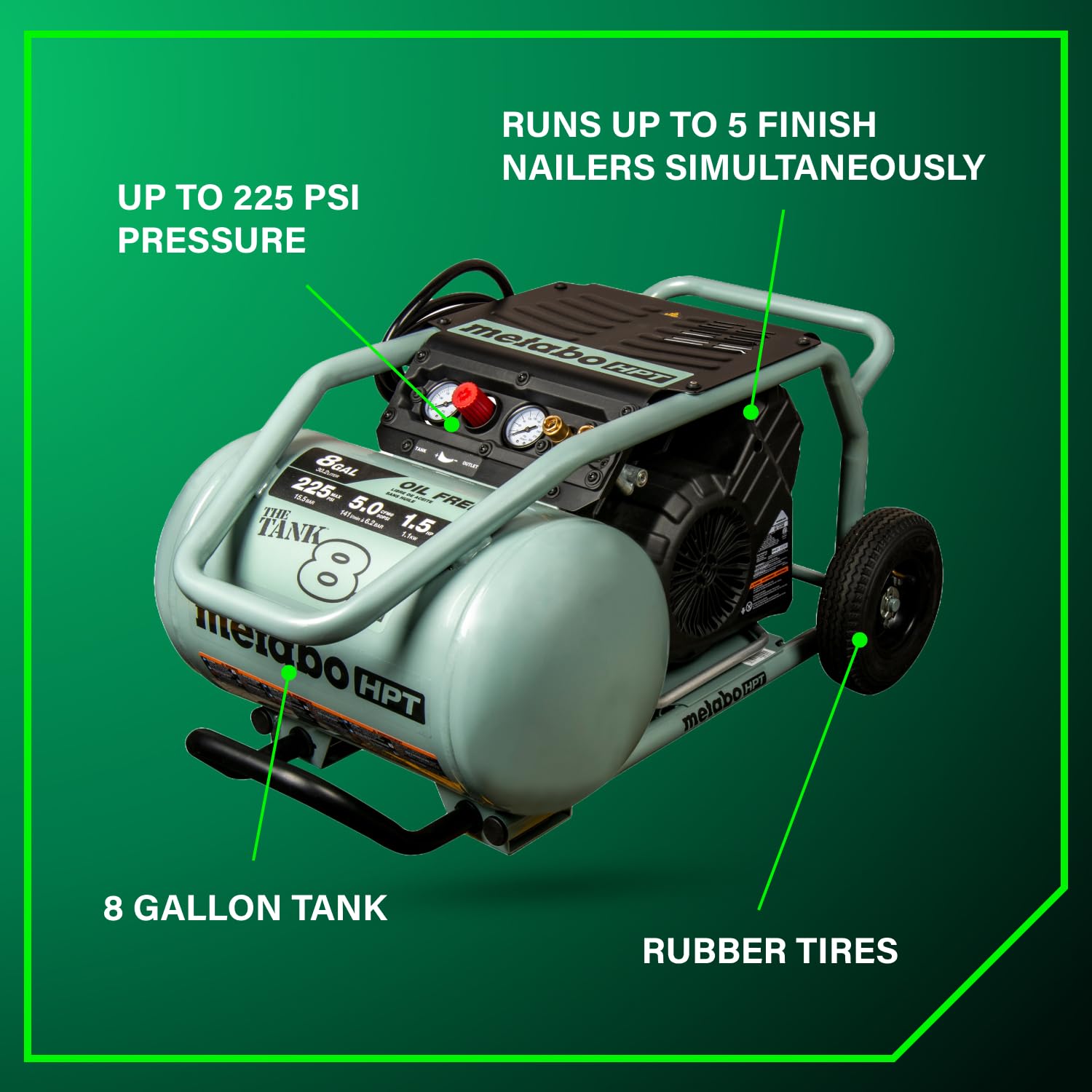 Metabo Hpt Air Compressor | The Tank 8-Gal | 225 Psi | 5 Cfm @ 90 Psi | Trolley | Oil-Free | Ec1315S Gray