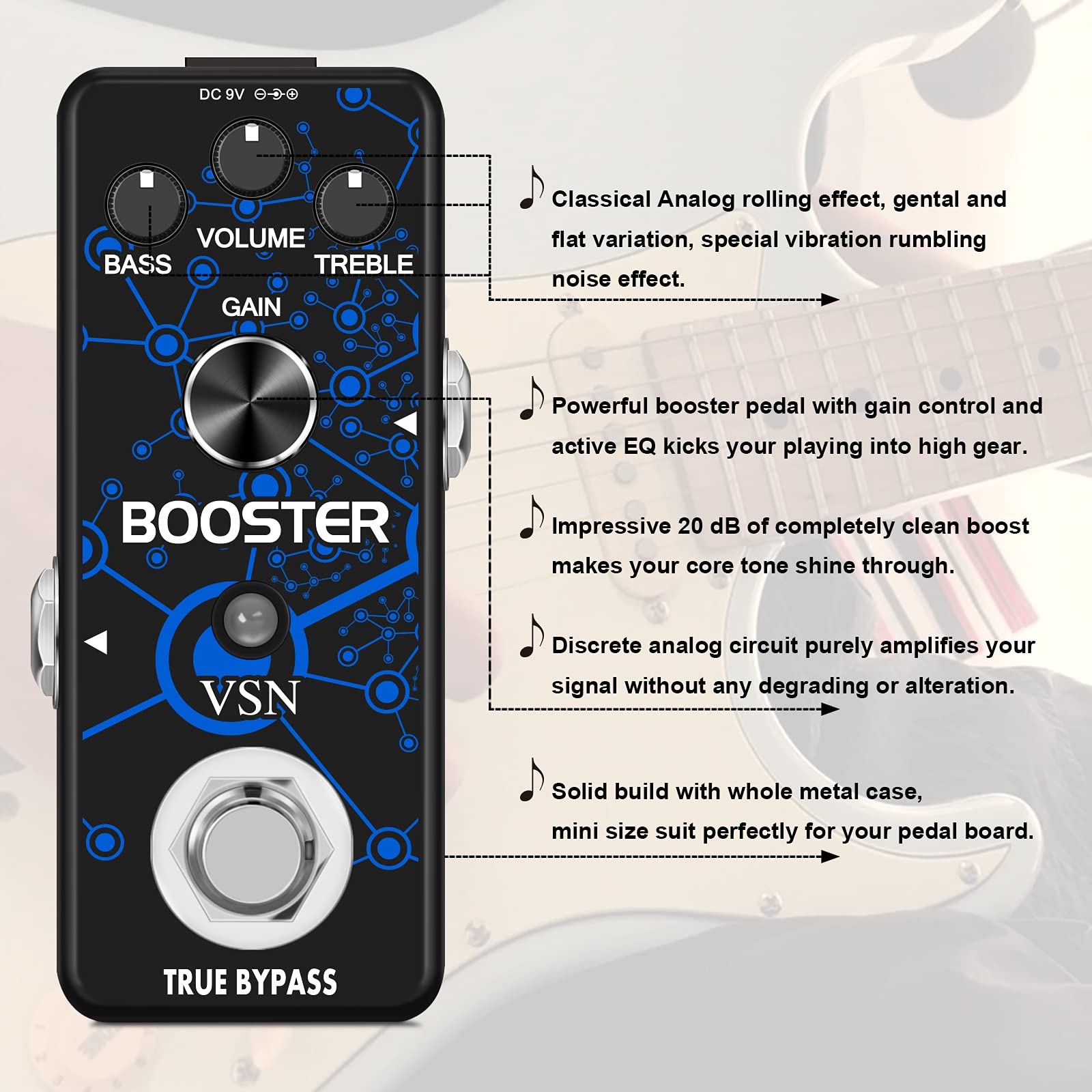 Vsn Bass Eq Pedal, 5-Band Eq Pedal Electric Bass Equalizer (62.5Hz 125Hz 500Hz 1Khz 4Khz) Provides 18Db For Each Band Eq Seeker