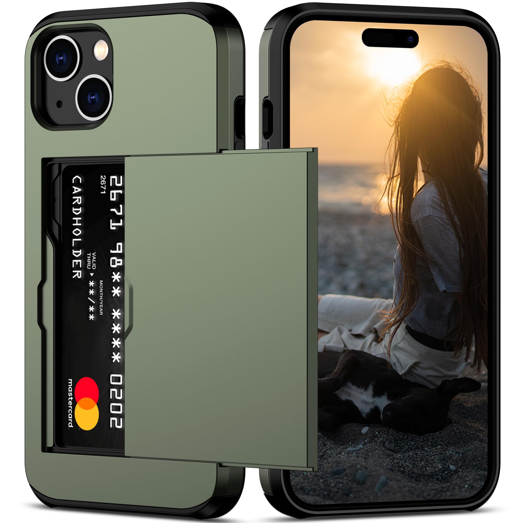 Nvollnoe Compatible With Iphone 15 Case With Card Holder Heavy Duty Protective Dual Layer Shockproof Hidden Card Slot Slim Walle