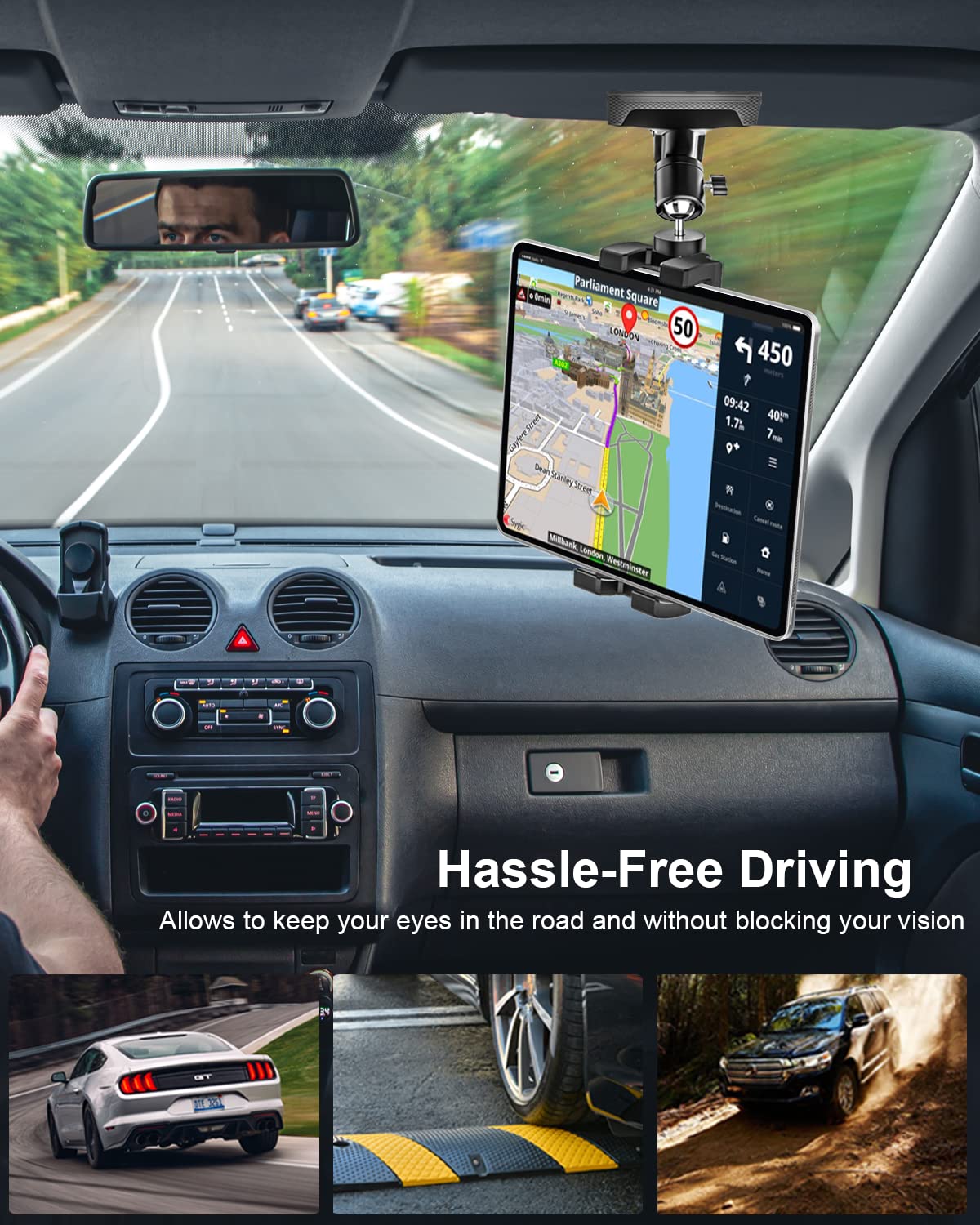 Woleyi Sun Visor Car Tablet Holder, Visor Clip Tablet Mount For Car, 360 Rotation Universal Steering Wheel Tablet Clamp With 1/4