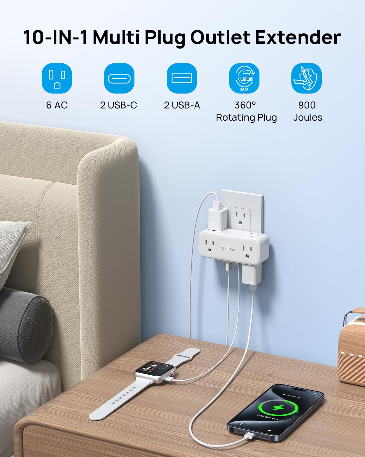 Trond Outlet Extender Surge Protector, 6 Ac Outlet Splitter With 360 Rotating Plug, Multi Plug Adapter With Pd 20W Usb C, 900J,