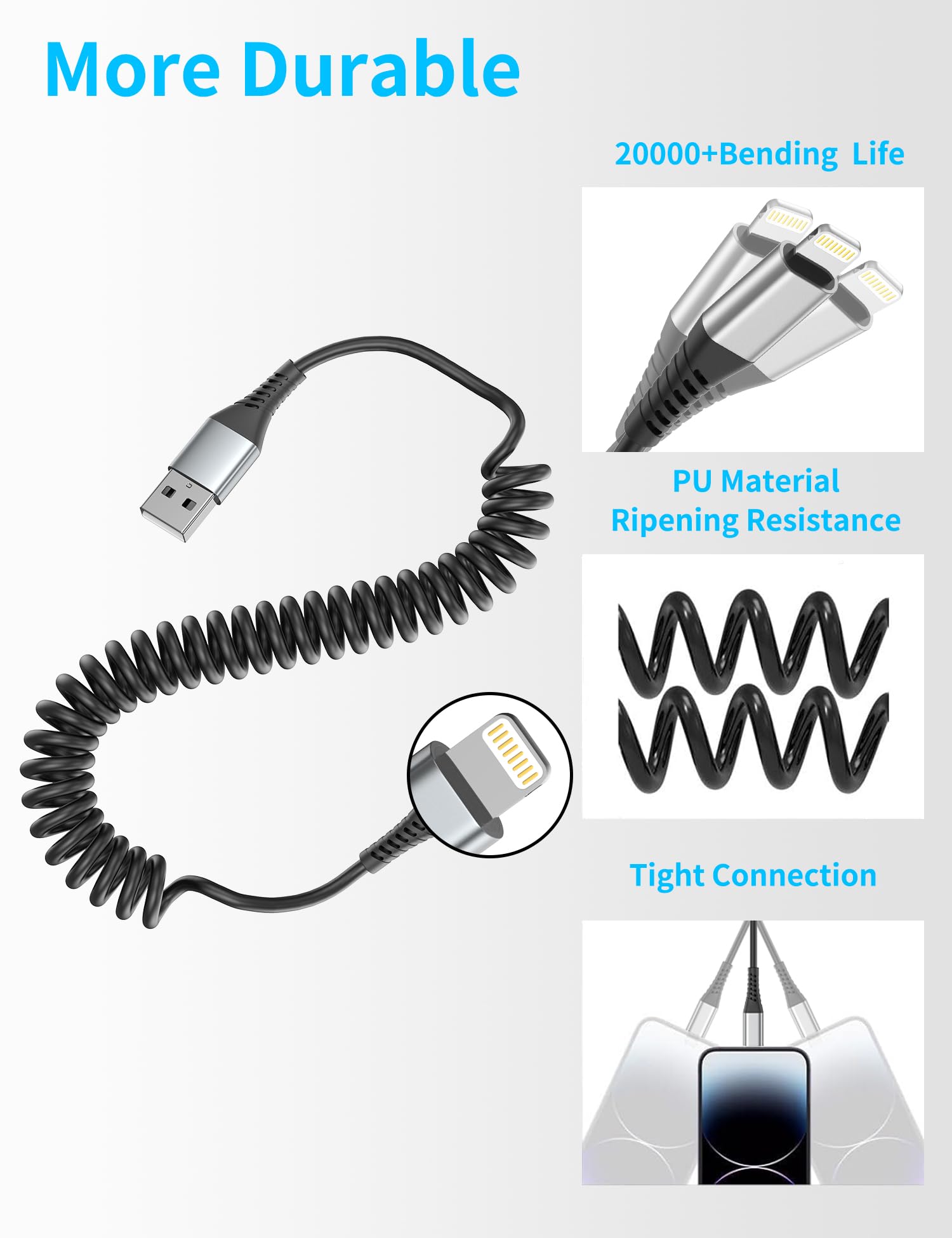 Acevien Coiled Lightning Cable For Car, [Mfi Certified] Short Retractable Iphone Charger Fast Charging Cord, 2 Pack 3Ft Usb A To