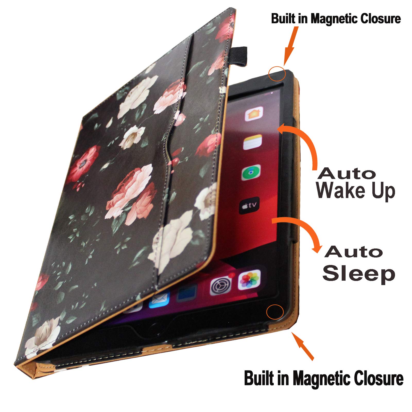 Jytrend Case For Ipad 9.7 (2018) 6Th/(2017) 5Th Generation, Ipad Air 1(2013)/Air 2(2014), 360 Rotating Multi Angle Viewing Stand Smart Cover With Pocket/Pen Holder, Auto Wake Up/Sleep (Black Flower)