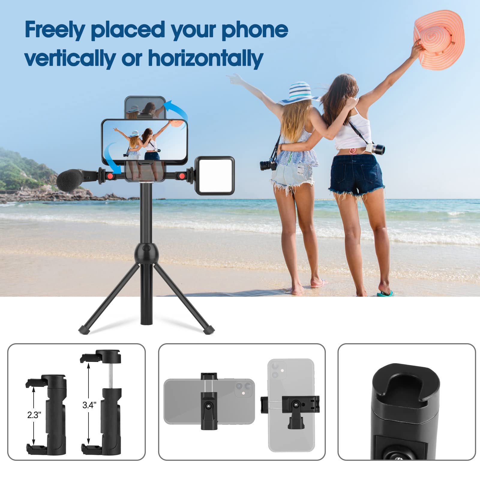 Chromlives Cold Shoe Mount Adapter With Phone Clip,Rotatable Dual Cold Shoe Extension Bracket Hot Shoe Mount Adapter For Led Lig