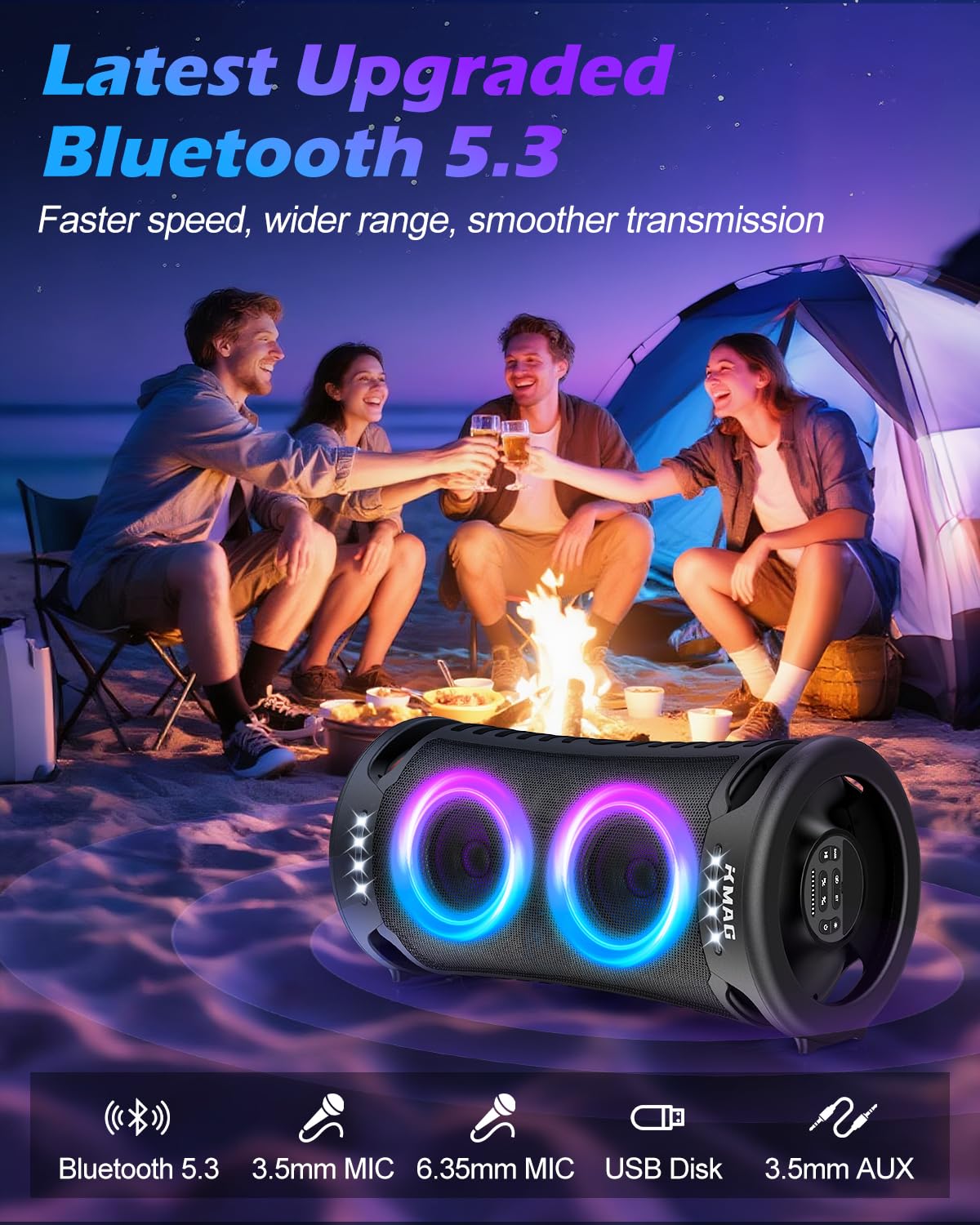 Large Bluetooth Speaker, 260W Peak Powerful Loud Sound With Deep Bass, Portable Outdoor Speaker Wireless, 15Hr Playtime, Fast Ch