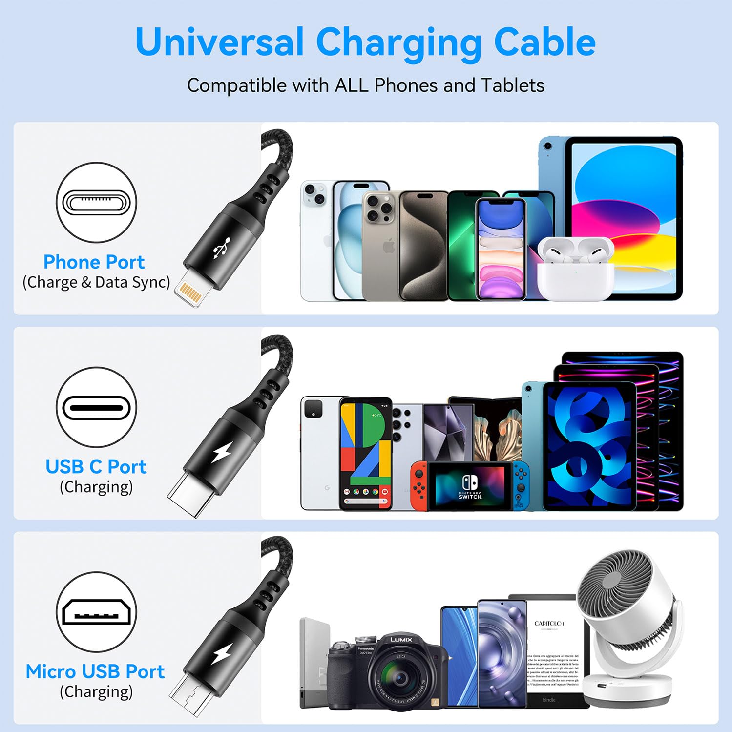 Uzahsk 2Pack Multi Charger Cable [3.5A/6Ft] 3 In 1 Braided Usb Fast Charging Cable With Ip/Type C/Micro Usb Ports Adapter For Ph