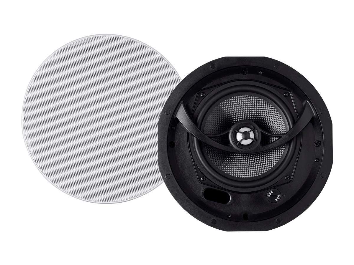 Monoprice Alpha 2 Way Ceiling Speakers   6.5 Inch (Pair) Carbon Fiber, Paintable Magnetic Grille, Louder With Less Power,Black/W