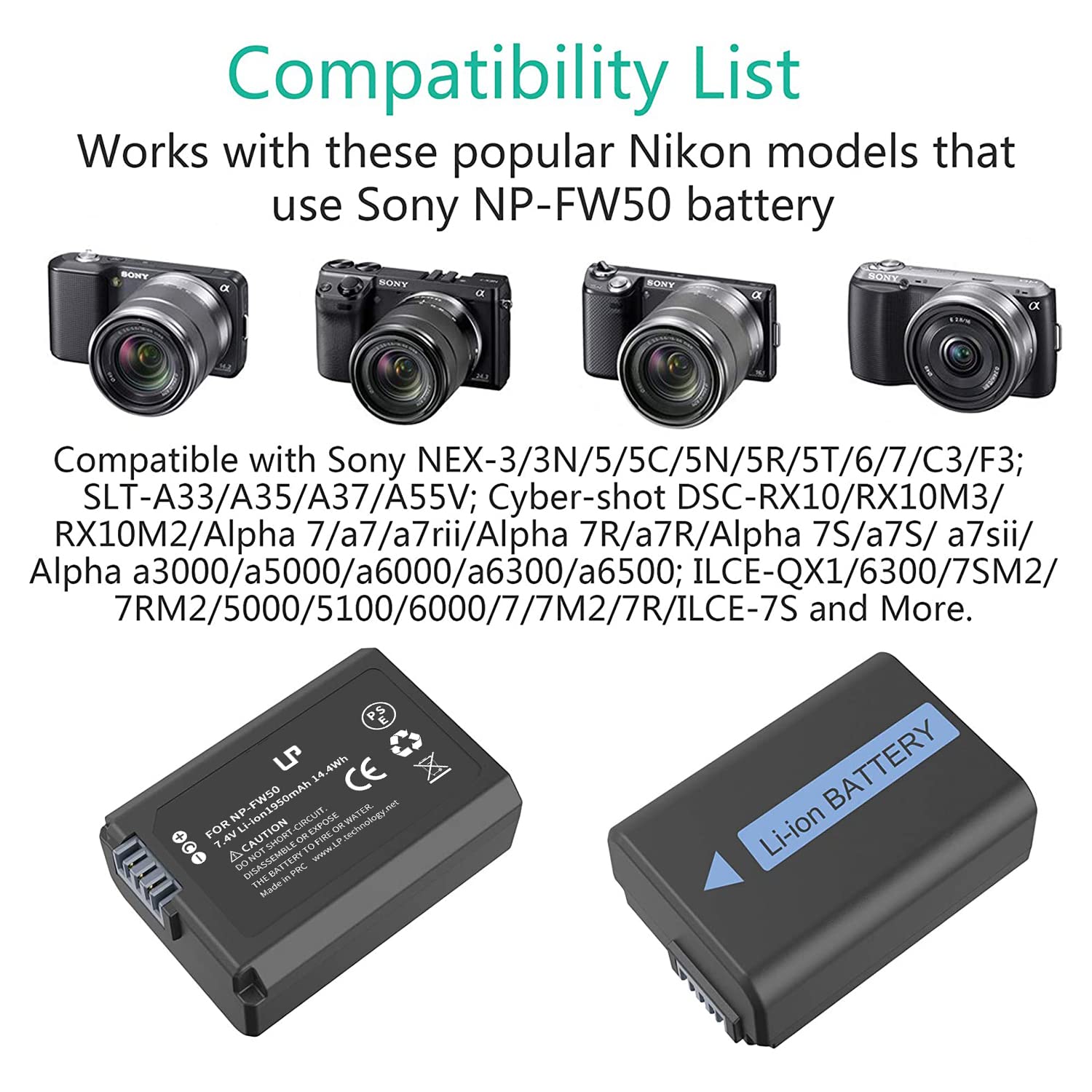 Np Fw50 Battery Charger Pack, Lp 2 Pack Battery & Charger, Compatible With Sony Alpha A6000, A6400, A6100, A6300, A6500, A5100,