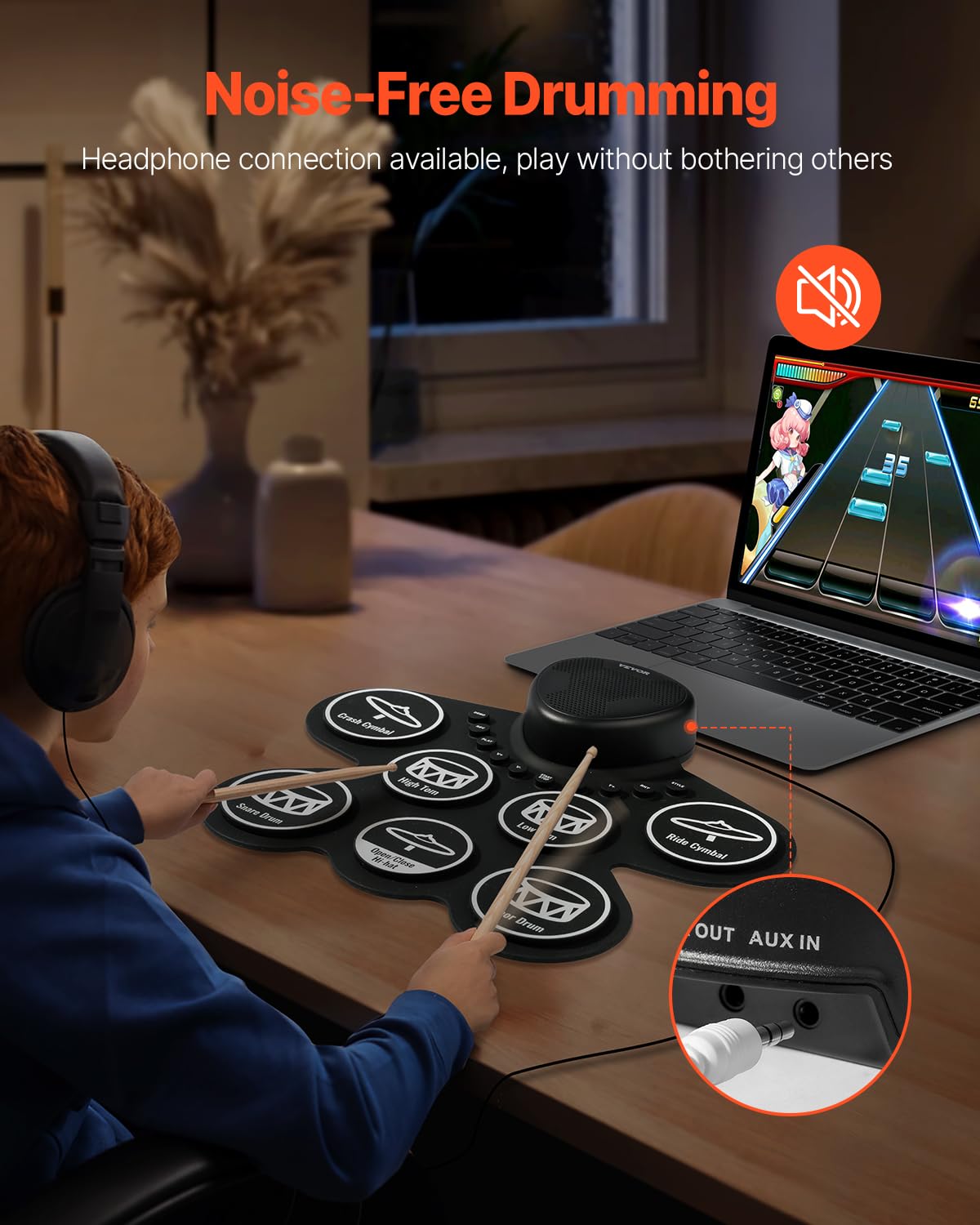 Vevor Electronic Drum Set, 7 Pads, Roll-Up Practice Drum Pad With Speaker, Headphone Jack, Portable Electric Drumset With Pedals