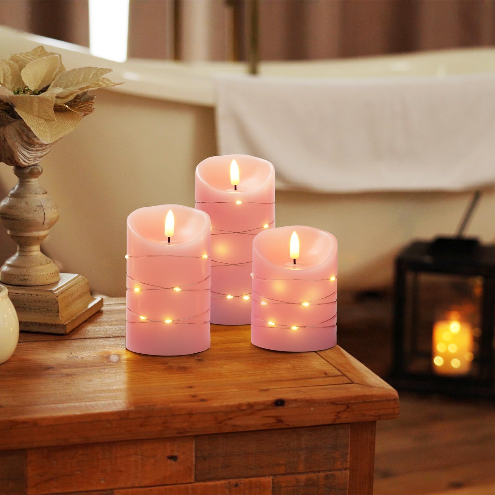 Homemory Flameless Candles With String Lights, 3 Pack Embedded Fairy String Lights Led Candles, Electric Flickering Candles With