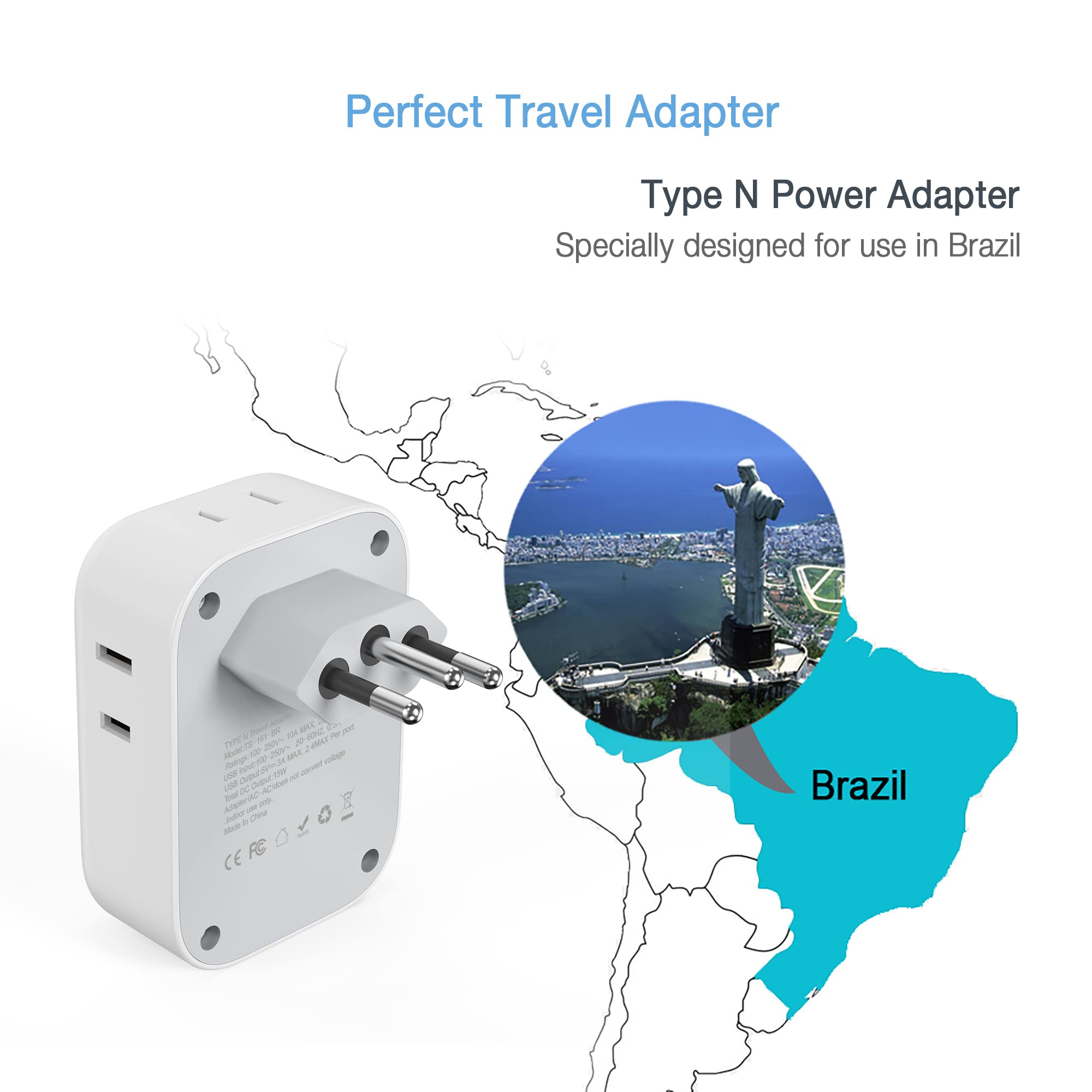Tessan Brazil Plug Adapter, Us To Brazil Power Adapter With 4 American Outlets And 3 Usb Charging Ports, Type N Travel Adaptor F