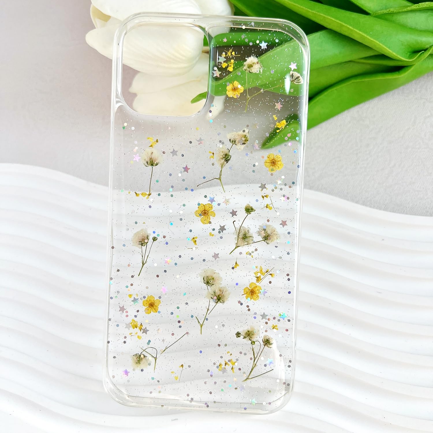 Lseeka For Iphone 12/12 Pro Clear Case With Pressed Real Flowers Design,Glitter Cute Yellow Floral Pattern Slim Soft Tpu Protect