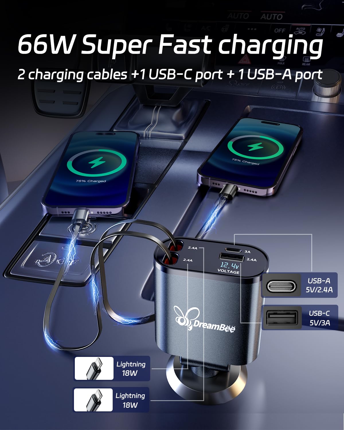 Dreambee Retractable Car Charger,Super Fast Usb Car Iphone Charger,Dual Iphone Retractable Cables (31.5 Inch) And 2 Usb Ports Ca