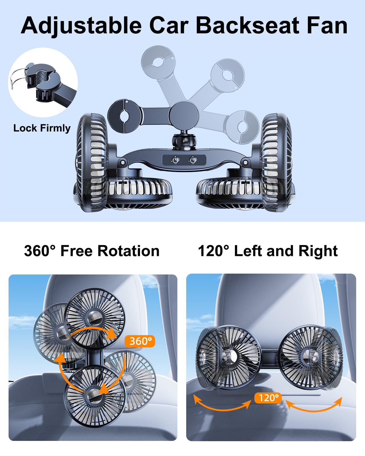 Nauttxon Car Fan For Back Seat [Comes With Car Charger] 360Rotatable Usb Car Seat Fan For Baby Rear Facing 3 Speeds Separate Con