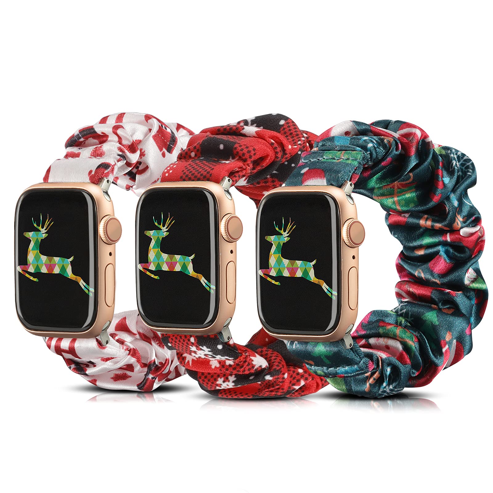Toyouths 3 Pcs Compatible With Apple Watch Band Christmas Scrunchies 49/46/45/44/42Mm Cloth Soft Pattern Printed Fabric Bracelet