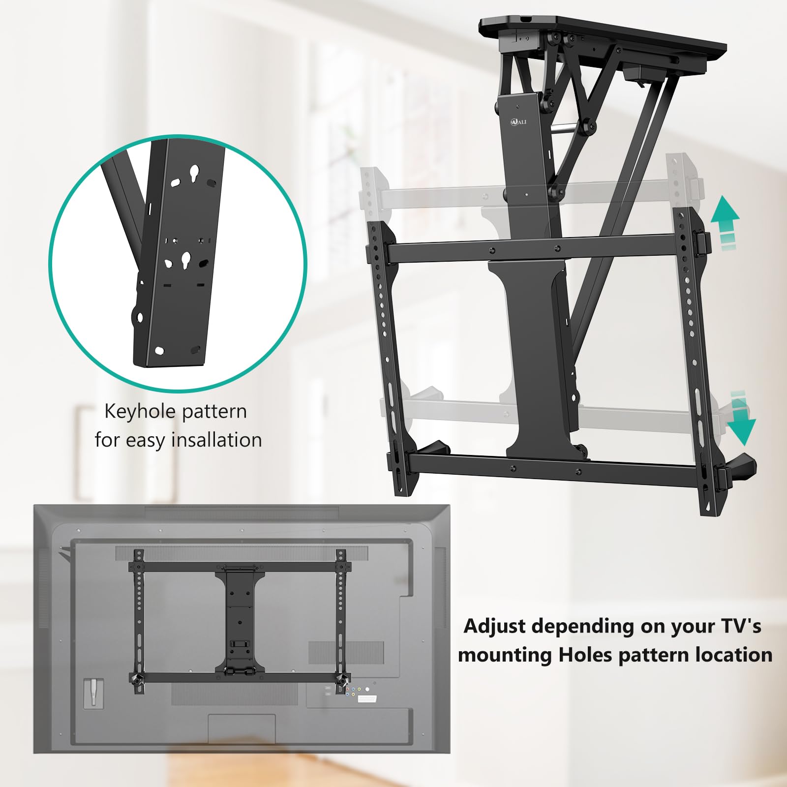 WALI Motorized Ceiling TV Mount with Remote, Electric Flip Down TV Bracket for 32 to 70 inch Flat and Curved Screen Up to 77 Lbs, Pitched Roof, Max Mounting Holes 600x400mm (FCM604), Black