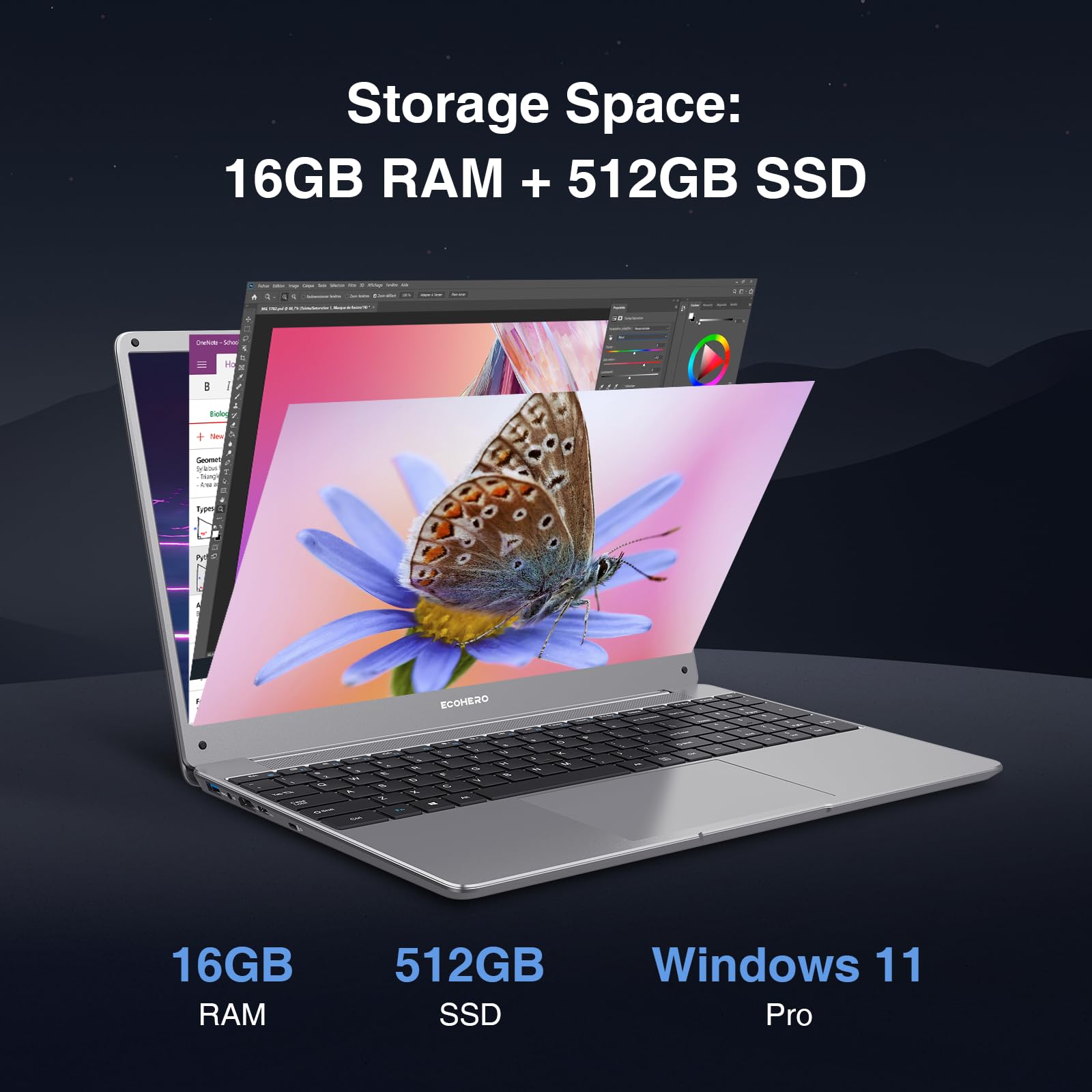 Ecohero Laptop Computer, 15.6 Inch Fhd Display, 16Gb Ram, 512Gb Ssd, Intel Core I3 5005U, Win 11 Notebook For Students, 2.4G/5G