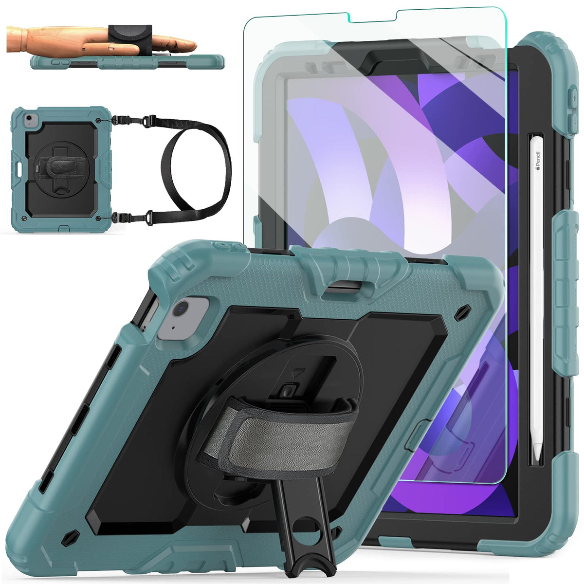 Ipad Air 5Th/4Th Generation Case 10.9'' 2022/2020, [Kids Proof] Ambison Full Body Protective Case With 9H Tempered Glass Screen Protector, Rotatable Kickstand/Hand Strap, Shoulder Strap (Teal & Black)