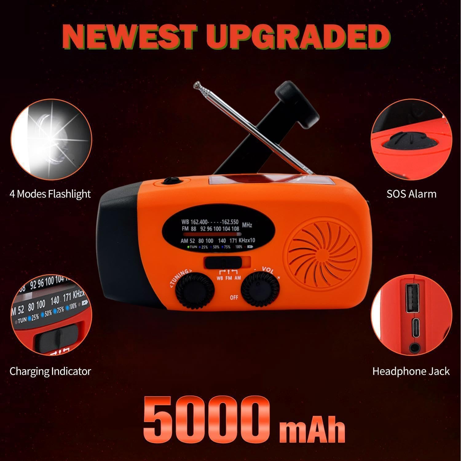 5000Mah Weather Emergency Radio, Portable Solar Am/Fm/Noaa Hand Crank Radio, Cell Phone Charger With Sos, 1W Led Flashlight, Hea
