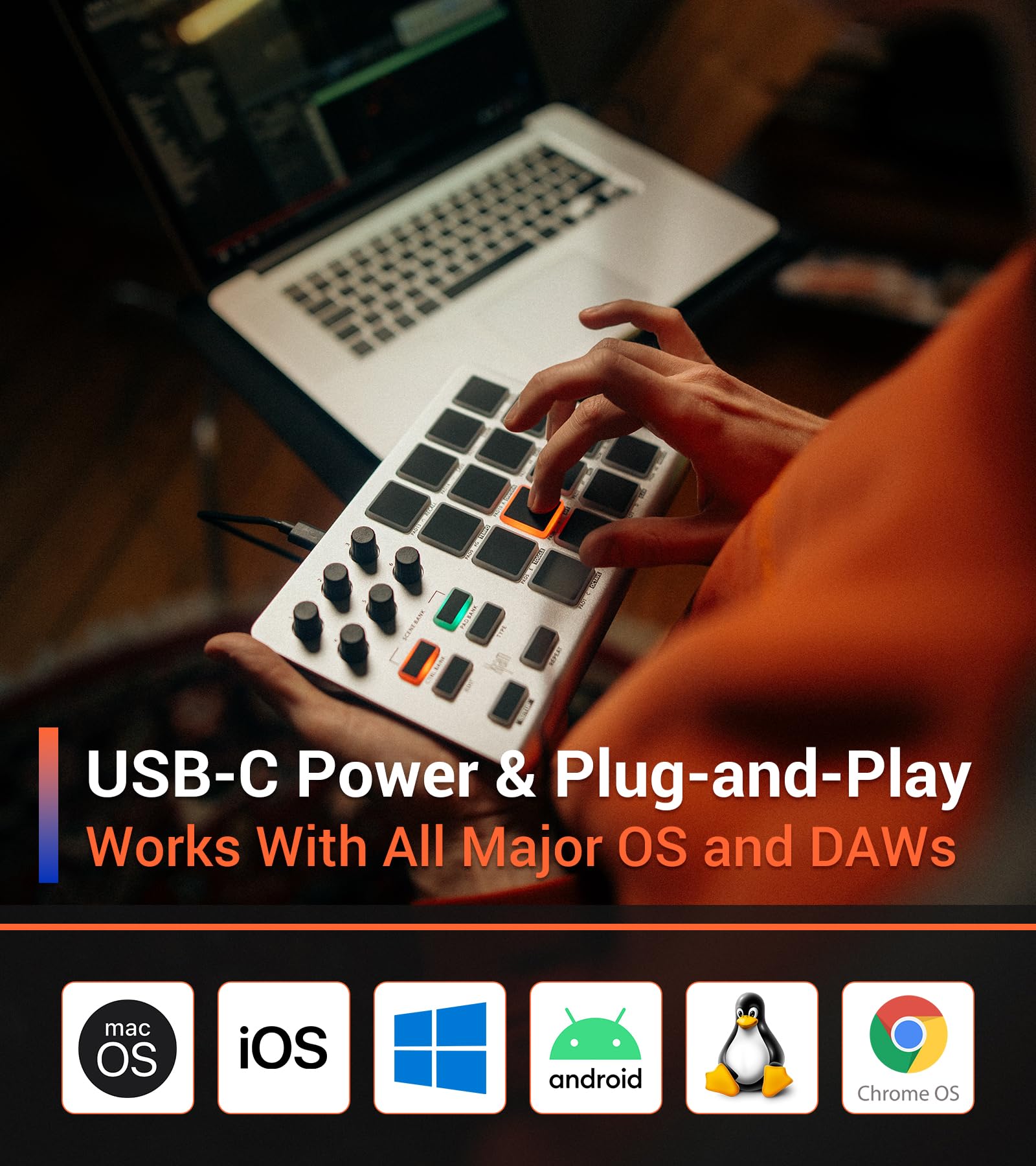 Xjam Professional Midi Pad Controller - Ultra-Portable Aluminum Frame Midi Drum Pad With 16 Beat Pads And 6 Assignable Knobs, Be