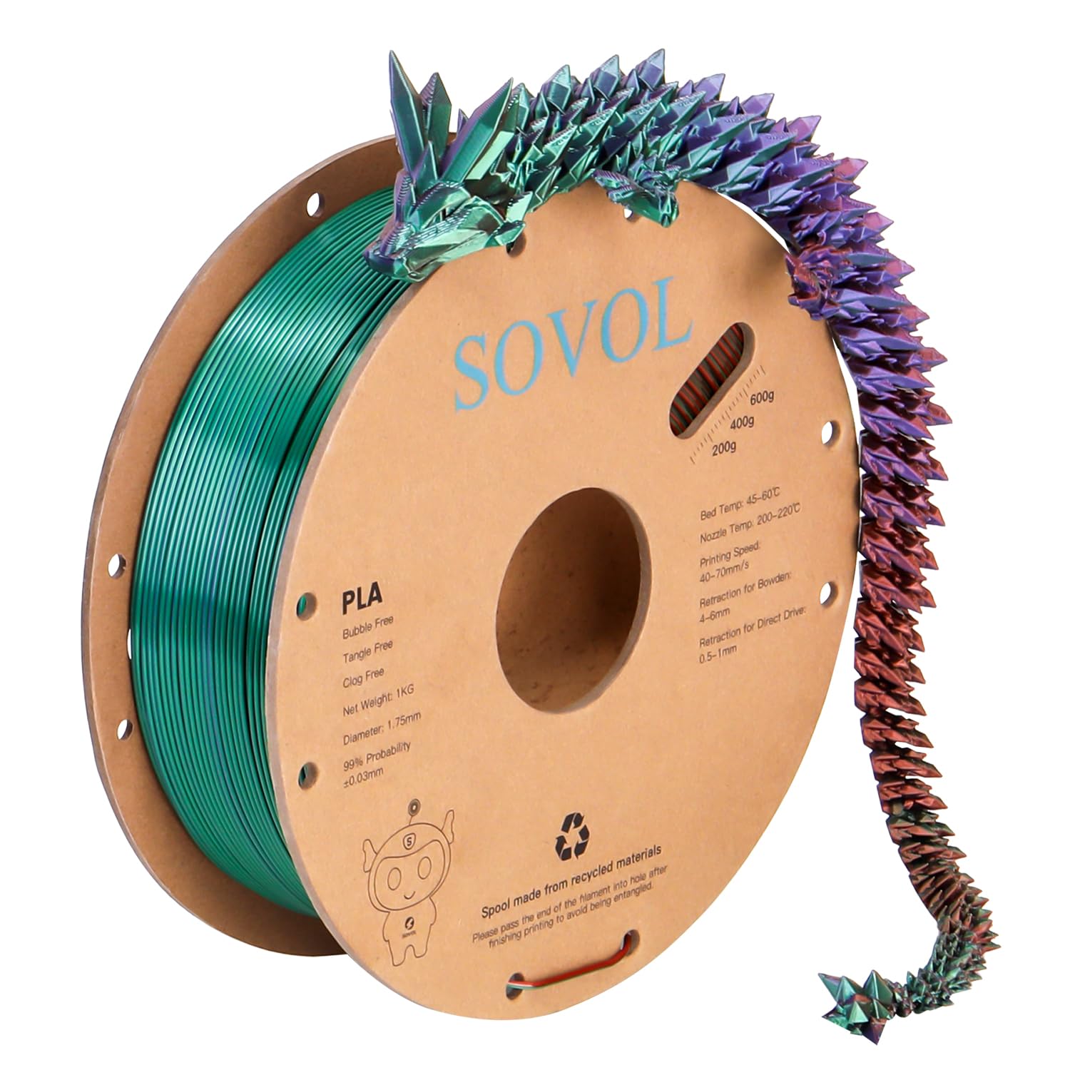 Sovol Pla Filament Silk Tri Color Co Extrusion 1.75Mm, 3D Printer Filament 1Kg/ 2.2Lbs, Shiny Silk Bronze Purple Green 3 In 1 Co
