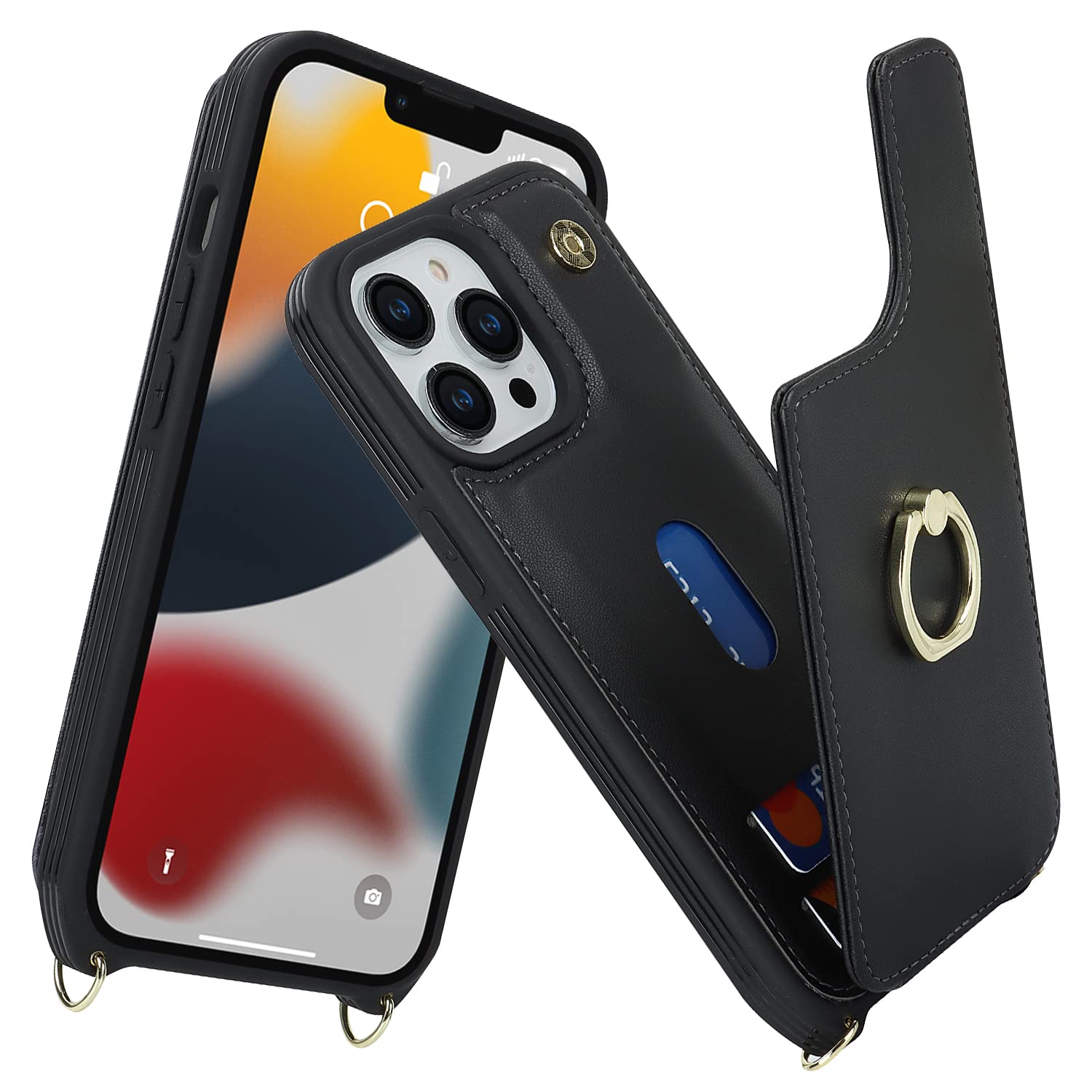 Lipvina For Iphone 12/12 Pro Case With Card Holder And Strap For Women,Crossbody Lanyard,Kickstand Ring Stand,Snap Clasp,Phone W