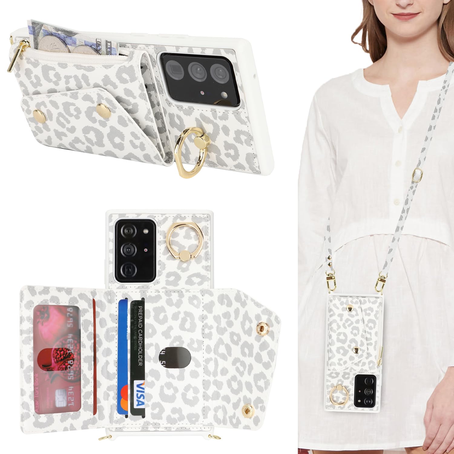 Lipvina for Samsung Galaxy Note 20 Ultra Case with Card Holder and Strap - Zipper Pocket,Crossbody Lanyard Strap,Stand Ring,Cute