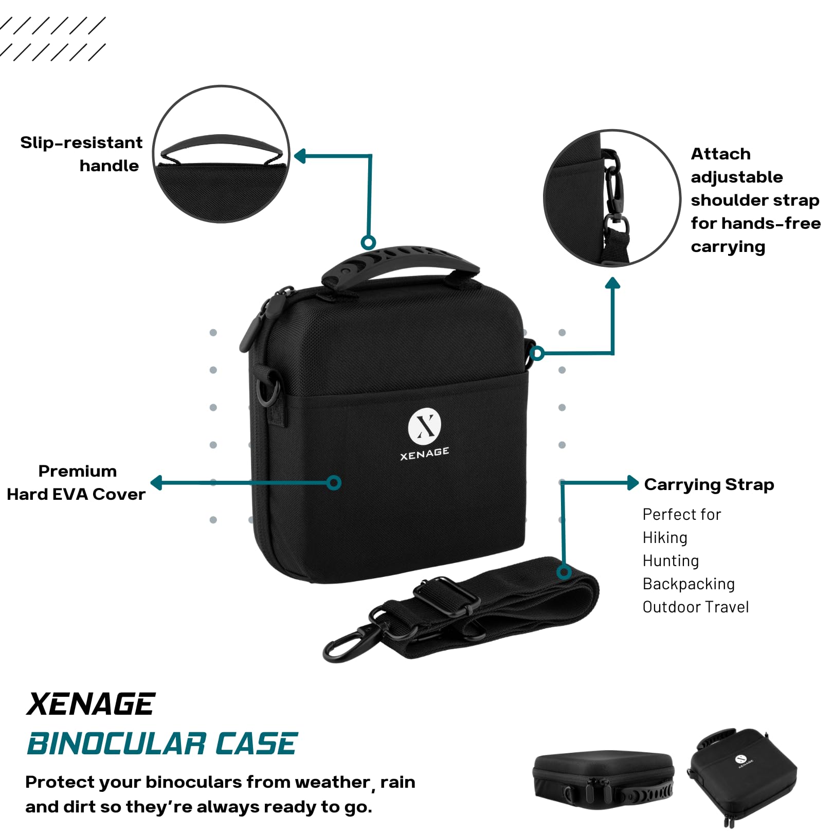 Xenage Binocular Case With Heavy Duty Water Resistant Hard Eva Cover (7X7X2.5   ) Carry Handle, And Carrying Strap For Hiking, H