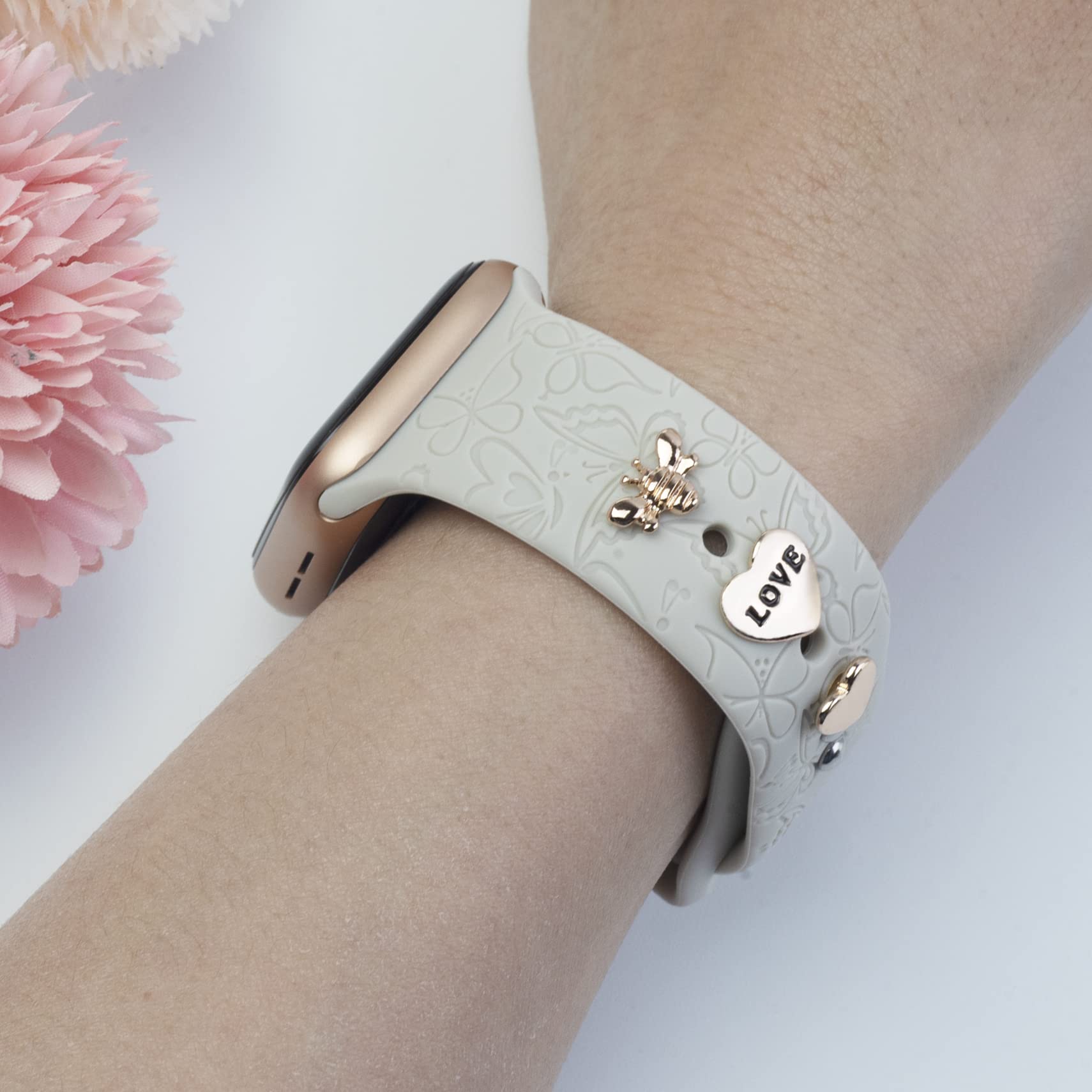 Engraved Bands With Charms Compatible With Apple Watch Bands 38Mm 40Mm 41Mm Women, Oratyfan Soft Sport Silicone Wristbands Flowe