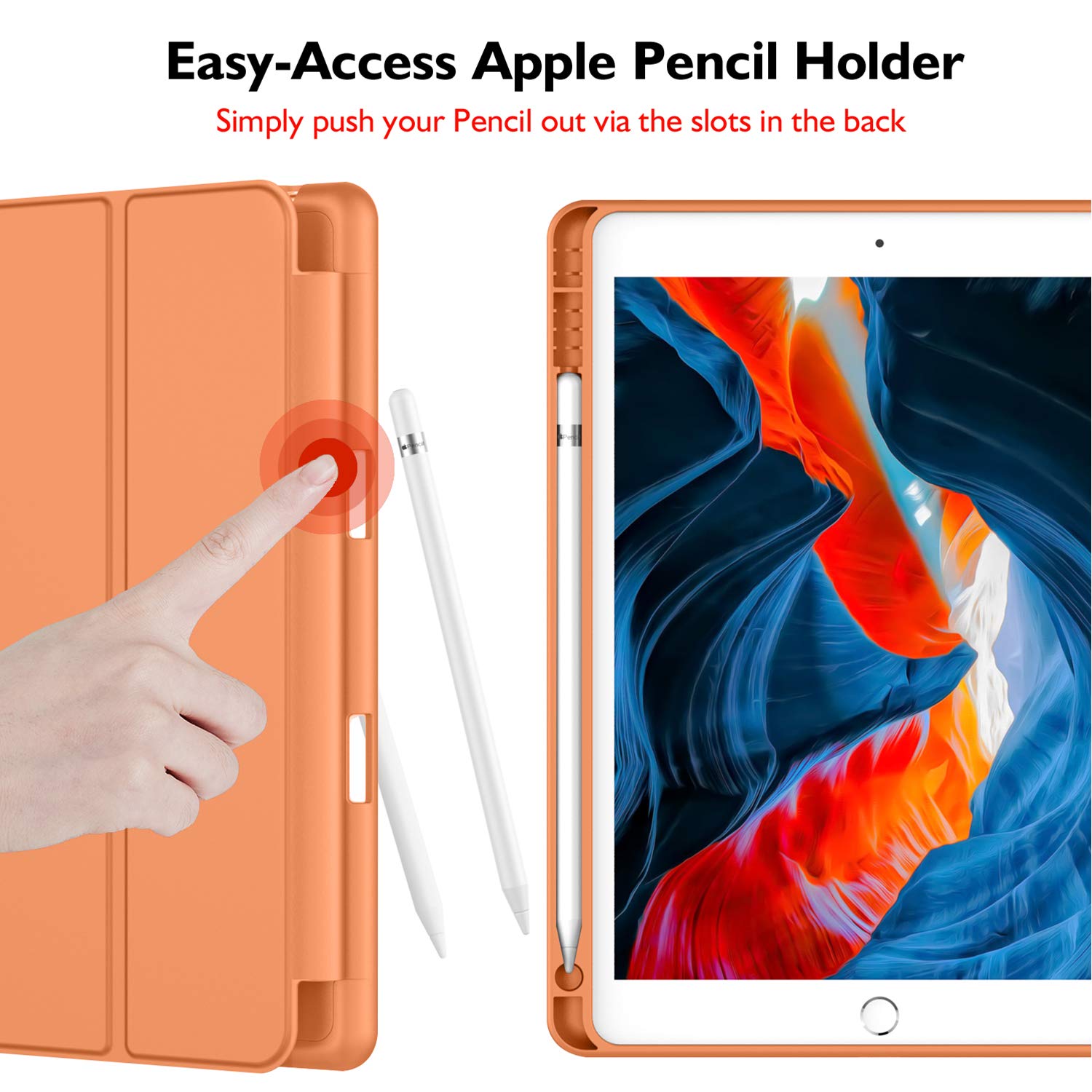Imieet Ipad 9Th Generation Case 2021/Ipad 8Th Generation Case 2020 10.2 Inch With Pencil Holder, Ipad 7Th Gen 2019 Case With Soft Baby Skin Silicone Back, Auto Wake/Sleep Cover (Orange)