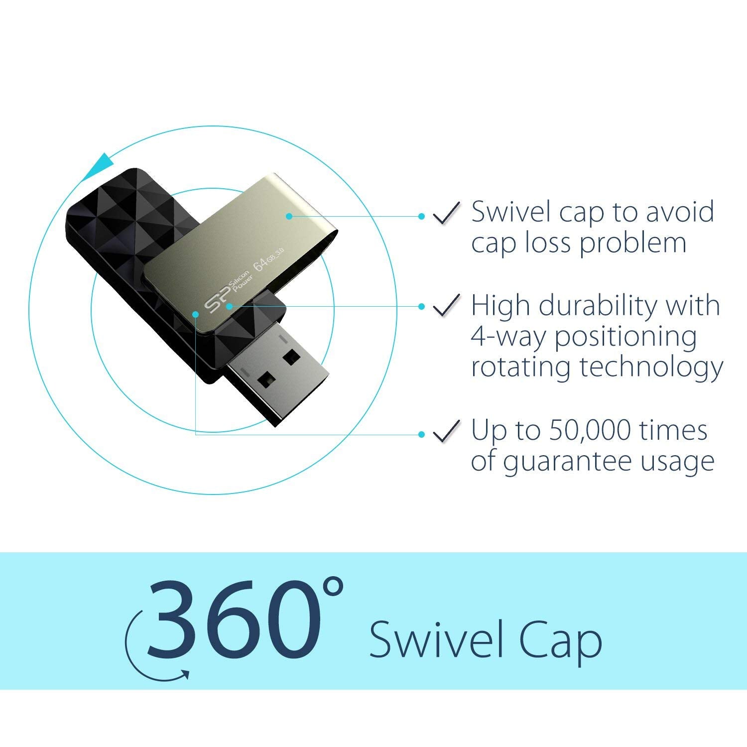 Silicon Power 64Gb Blaze B30 Usb 3.0 Swivel Flash Drive, Black (Sp064Gbuf3B30V1K)