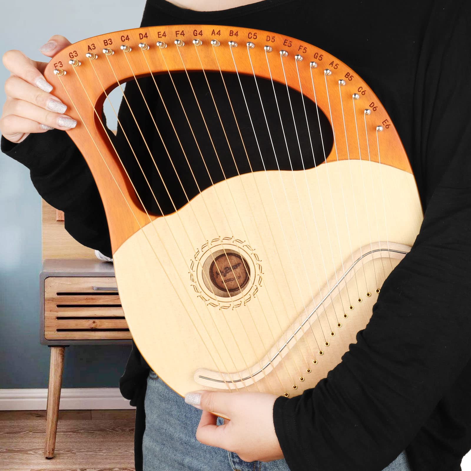 Mr.Power Lyre Harp, 21 Metal Strings Lyre Harp Gifts For Music Lovers, Beginners, Friend With Tuning Wrench, Replace String Set And Gig Bag (21 String, Natural Wood)