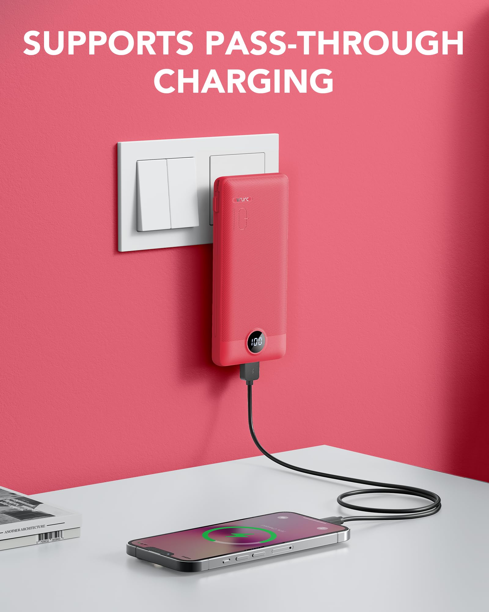VRURC 10000mAh Portable Charger with Built-in Cables & AC Wall Plug, Compact USB C Power Bank for Smartphones & Tablets - Red