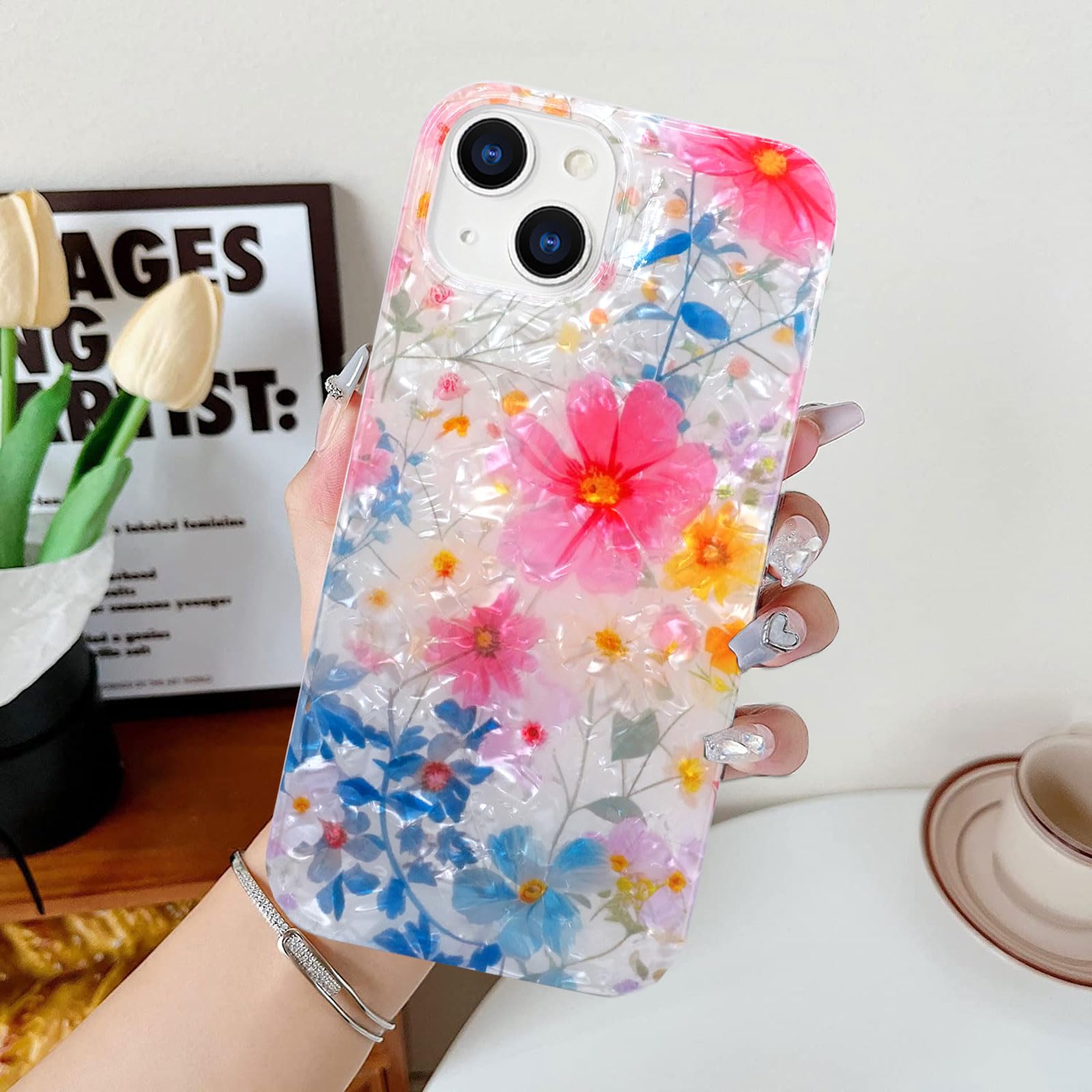 J.West Compatible For Iphone 13 Case For Women, Cute Sparkle Floral Print Girly Design Kawaii Pink Flowers Pattern For Girls Tee