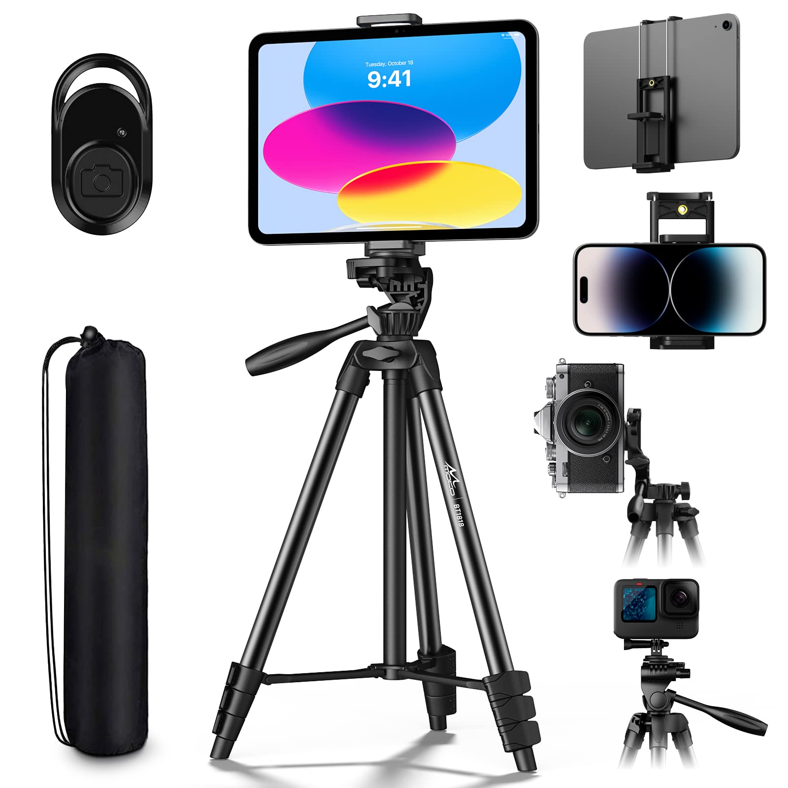 MoKo 60' Camera Tripod for Canon Nikon, Lightweight Aluminum DSLR Camera Stand Holder with Carrying Bag, Universal Phone Tablet Mount and Wireless Remote, Max Load 6.61 lbs, Black