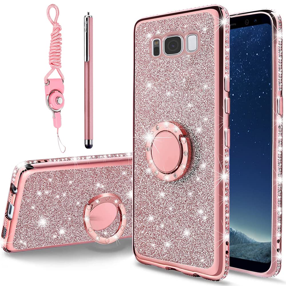 B Wishy For Samsung Galaxy S8 Glitter Crystal Butterfly Heart Floral Slim Tpu Luxury Bling Cute Protective Cover With Kickstand+