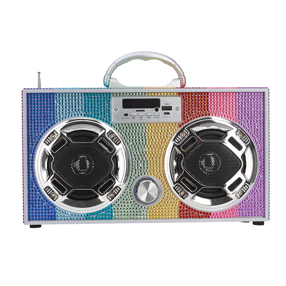 Wireless Express   Mini Boombox With Led Speakers �Retro Bluetooth Speaker W/Enhanced Fm Radio   Perfect For Home And Outdoor (Rainbow Bling)