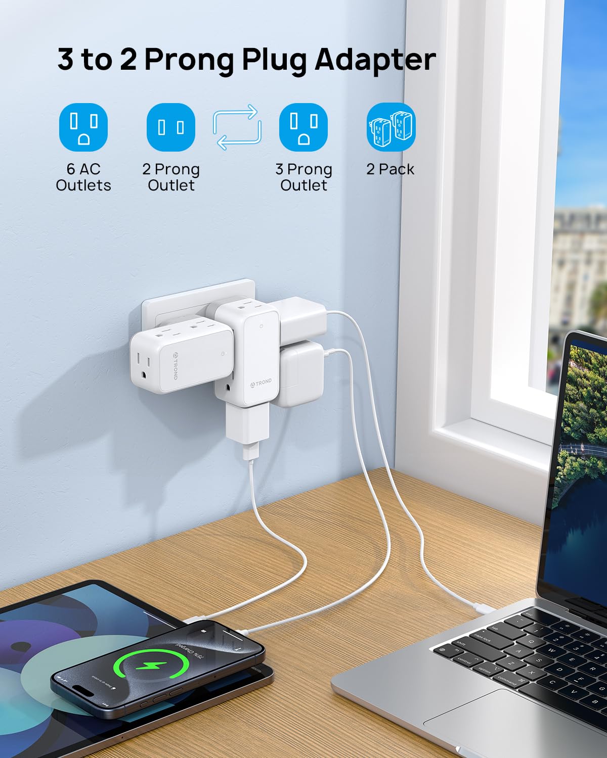 Trond 2 Prong Outlet Extender 2 Pack, 3 Prong Adapter With 360 Rotating Plug, Wall Outlet Splitter With 6 Ac Charger, Travel Pow