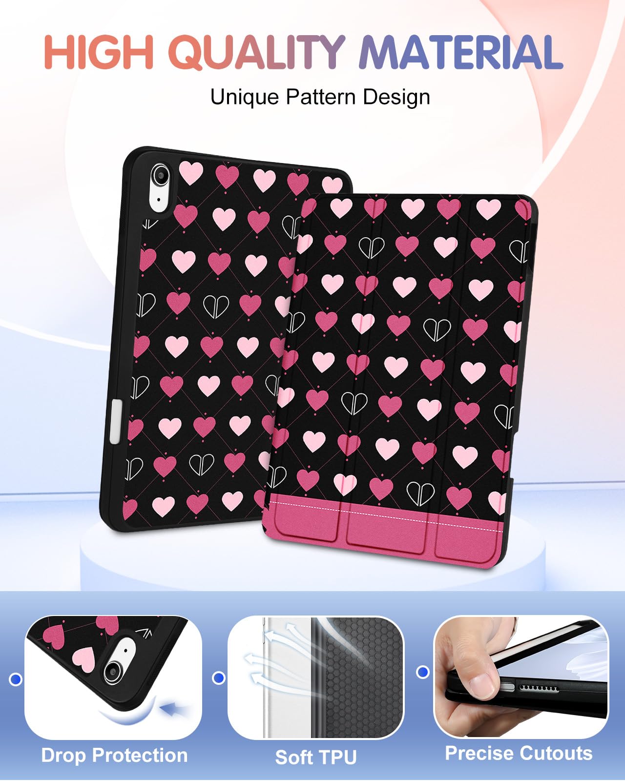 Wazzasoft For Apple Ipad 10Th Generation Case 10.9 Inch Cute Women Girls Folio Cover Girly Kawaii Teens Heart Design Unique Penc