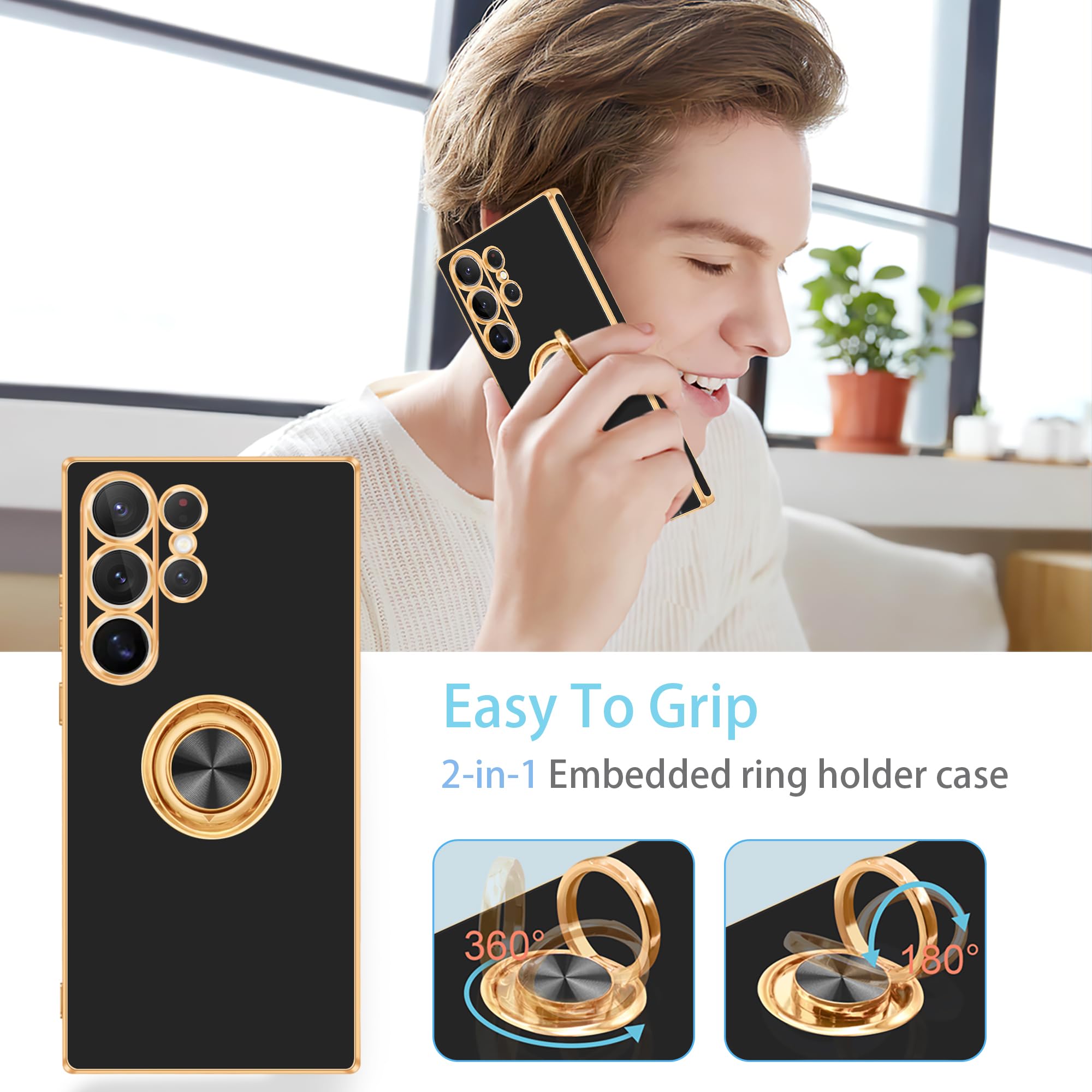 Fingic For Samsung Galaxy S24 Ultra Case[With 360 Ring Holder Stand] [Support Magnetic Car Mount]Kickstand For Women Girl Slim T