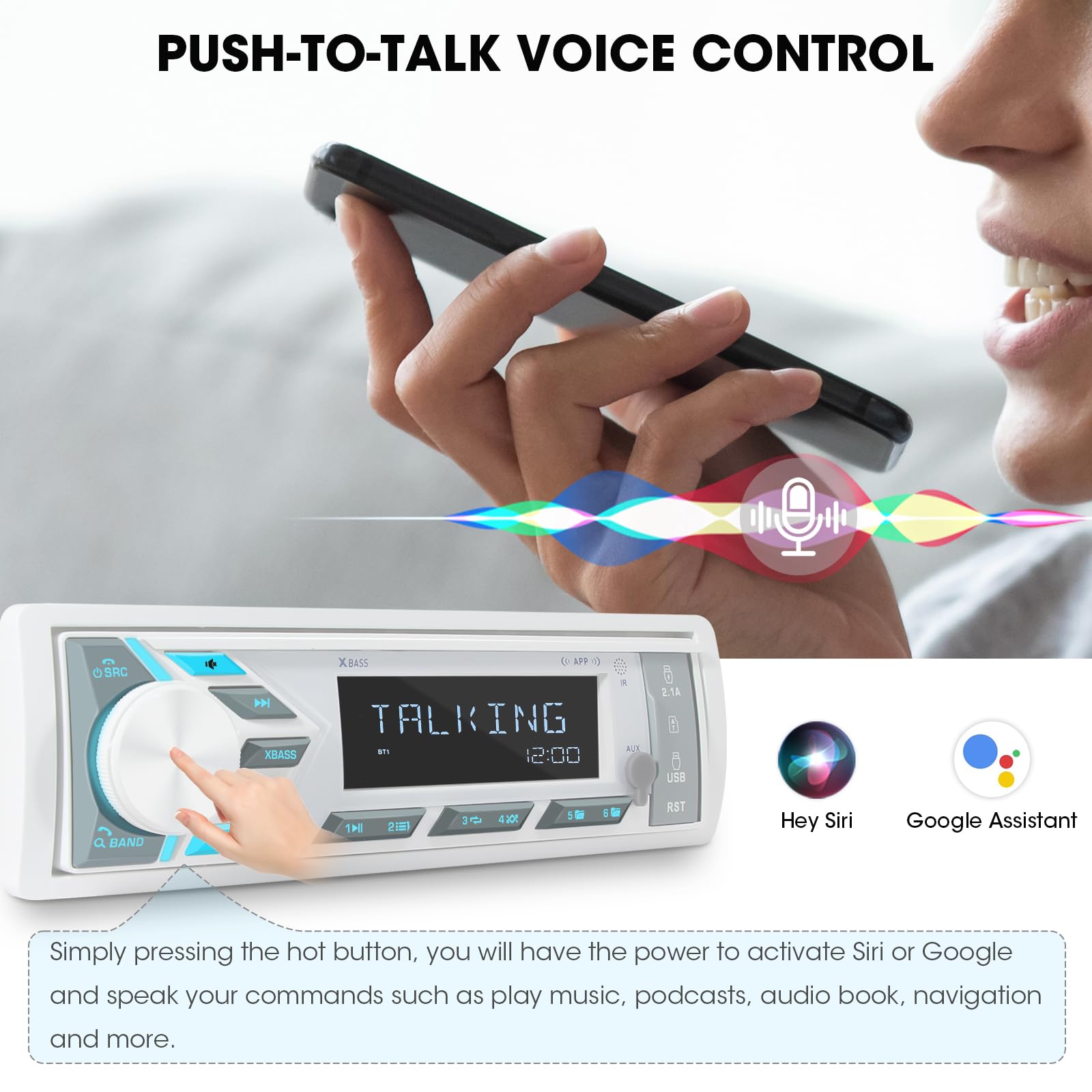 Single Din Marine Stereo Receiver: In Dash Bluetooth Boat Radio   Digital Lcd Display Push To Talk Assistant Am Fm Mp3 Sd Aux In